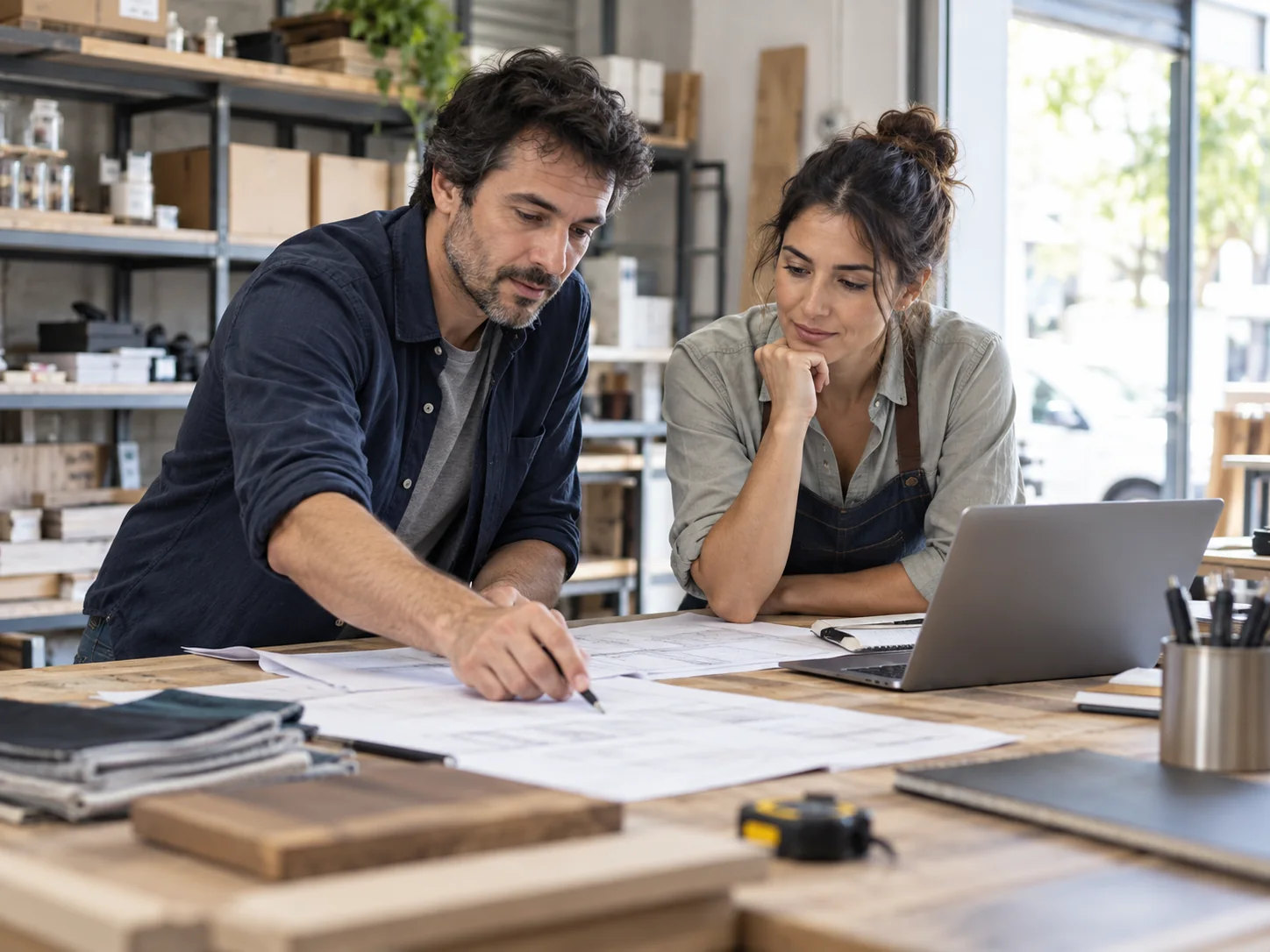 Dos personas revisan la actividad de una empresa en su lugar de trabajo